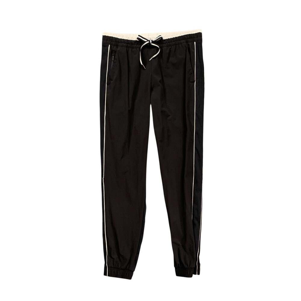 Athleta Joggers Women 10 Black White Piping Brooklyn Drawstring Pockets Mid Rise